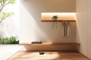 A minimalist entryway with a floating shelf for keys and a sleek bench for putting on shoes, all bathed in soft, natural light.
