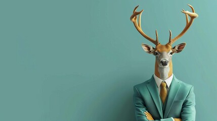 hipster deer in business suit sitting like a boss pastel teal background concept illustration