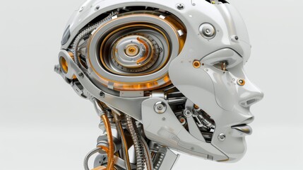 Fototapeta premium Up-close robotic head with gears forming a human facade against a pristine white backdrop ..OR..Intense view of