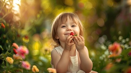  cute child eating strawberry in the garden Generative AI	