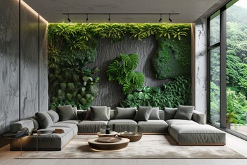 A chic modern living room featuring a lush green vertical garden wall, grey sectional sofa, and floor-to-ceiling windows.