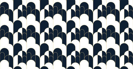 Abstract seamless pattern, art deco retro style. Vector nostalgic vintage geometric background with arcs and stripes. Dark colors and gold line art illustration. Fabric, paper, stationery, wallpaper.