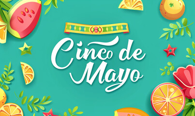 Cinco de mayo lettering on turquoise background. Festive banner of national holidays of Mexico. Happy Cinco de mayo fiesta logo. Cartoon colorful text illustration design for flyer, postcard, cover. - Powered by Adobe