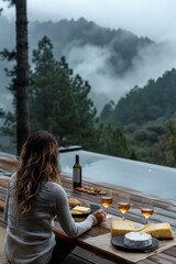 Fototapeta premium Pilates Instructor Enjoys Wine and Cheese Amidst Misty Mountains