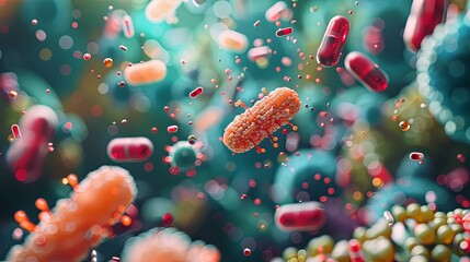 Detailed 3D illustration of bacteria and pills floating in a vibrant, multi-colored microscopic environment with dynamic particles.