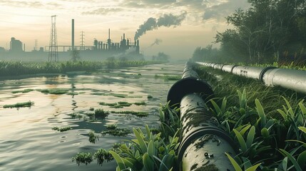 industrial wastewater pollution from factory pipe into river or sea illustration digital art 3d rendering
