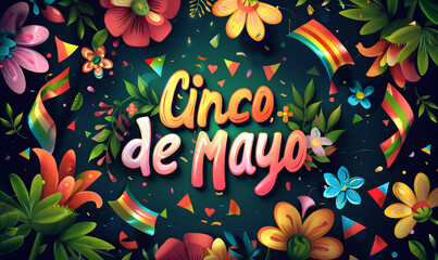 Cinco de mayo lettering on dark background. Festive banner of national holidays of Mexico. Happy Cinco de mayo fiesta logo. Cartoon colorful text illustration design for poster, flyer, postcard, cover