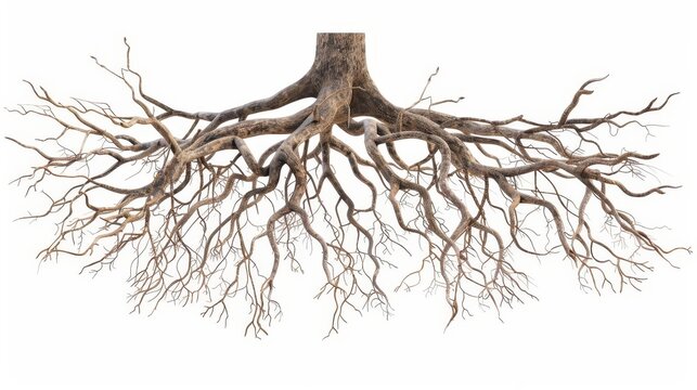 intricate network of tree roots isolated on white background nature illustration