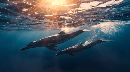  Two dolphins swimming in the ocean as sunlight shines through the water's surface