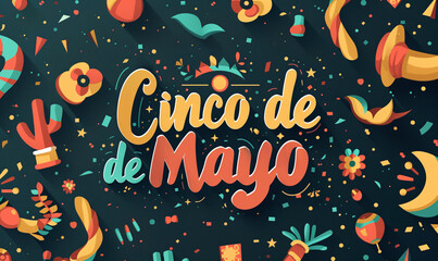 Cinco de mayo lettering on dark background. Festive banner of national holidays of Mexico. Happy Cinco de mayo fiesta logo. Cartoon colorful text illustration design for poster, flyer, postcard, cover