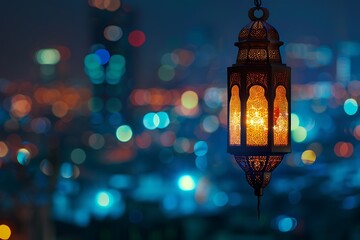 Hanging lantern with night sky and city bokeh light background for the Muslim feast of the holy month of Ramadan Kareem