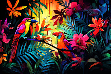 Colorful illustration of parrots in a lush, vibrant tropical forest setting