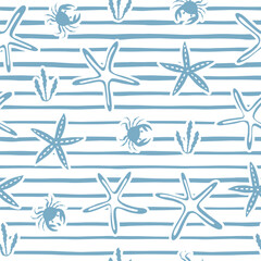 Abstract background. Blue and white color. Sea wallpaper. Striped seamless pattern with horizontal line starfish and crabs.