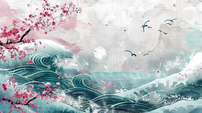 japanese inspired abstract seascape with waves and pink sakura hokusai style digital art