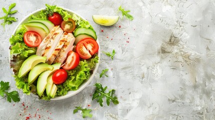 a fresh salad bowl featuring succulent chicken, creamy avocado, and juicy tomato, arranged beautifully against a crisp white background.