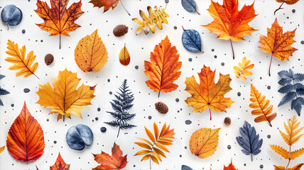 Obraz premium A seamless pattern featuring an array of autumn leaves and plants in seasonal colors against a crisp white background, perfect for adding a touch of fall charm to any design project