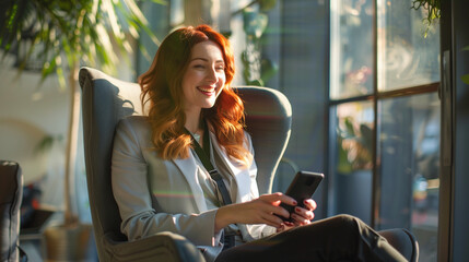 Happy smiling young professional business woman with red hair holding mobile cell phone in hands at work sitting in chair in sunny office with cellphone looking away at copy space using smartphone - Powered by Adobe