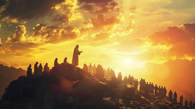 jesus christ preaching to the crowd on a mountaintop spiritual silhouette art