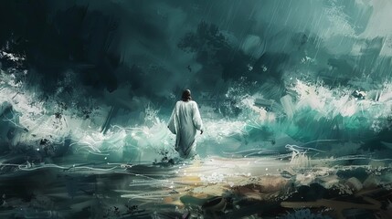 Obraz premium jesus christ walking on stormy sea savior rescuing humanity religious digital painting