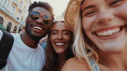Group of happy friends taking selfie in the street