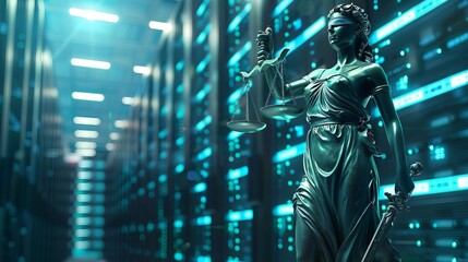 lady justice statue on data center background digital law and technology concept 3d rendering - obrazy, fototapety, plakaty