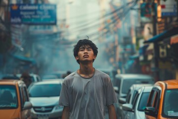 Young Southeast Asian Man Enduring a Heatwave in a Parched Urban Landscape