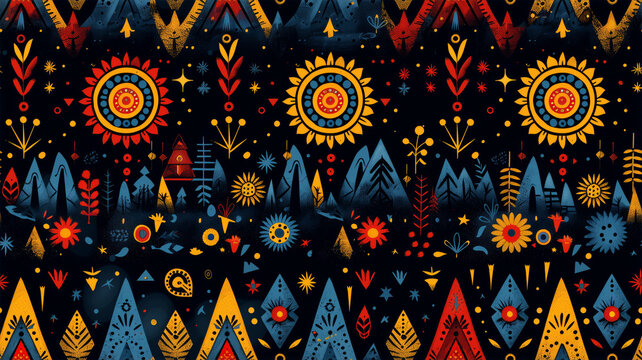 A seamless ethnic-style pattern, showcasing unique geometric designs. Ideal for a variety of applications including screen backgrounds, site backdrops, wrapping 