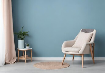 Simple aesthetic chair against blue walls in a room, decorative plants in vases
