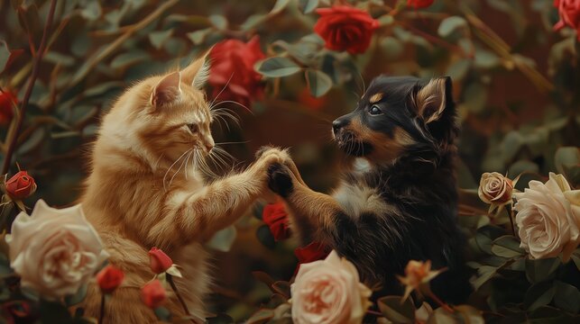 ginger cat and a brown puppy dancing in the red rose garden. 