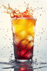 Cocktail with ice cubes, fruits and water splash on white background
