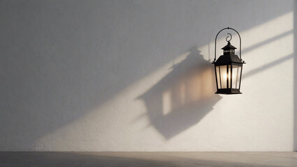 A single lantern casting a long, dreamlike shadow on a white wall, symbolizing hope or guidance