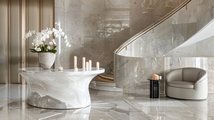 a beauty salon's staircase corners adorned with marble flooring, accented with the delicate fragrance of scented candles against a backdrop of neutral colors and textured walls.