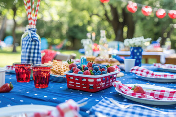 birthday party table. Blurred background, picnic in red, blue, white colors for 4th of July day