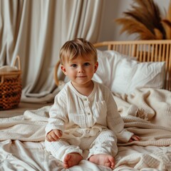 Fototapeta premium A cute baby boy in winter white pyjamas in beige room.
