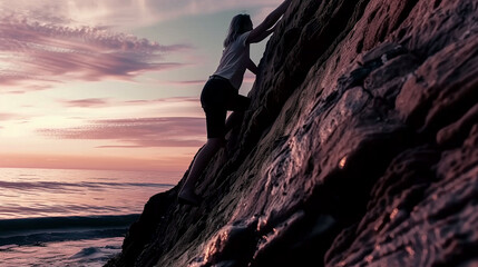 Young woman climbing on the rock at sunset. Conceptual image.