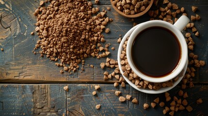   A cup of coffee on a wooden table, adjacent to two bowls of dog food