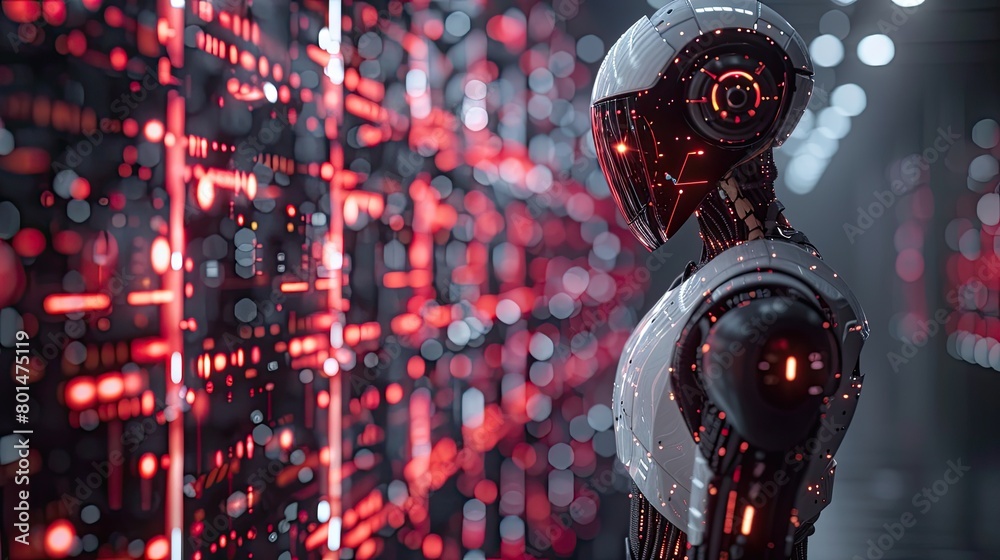 Poster a humanoid robot gazes intently at a computer screen filled with complex code