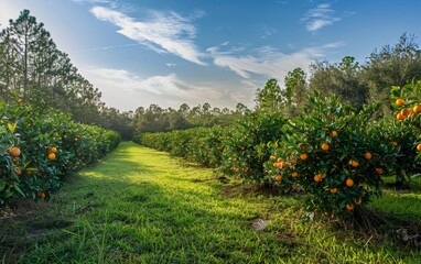 Fototapeta na wymiar Florida's Sunrise Over Orange Orchard Celebrating National Orange Juice Day