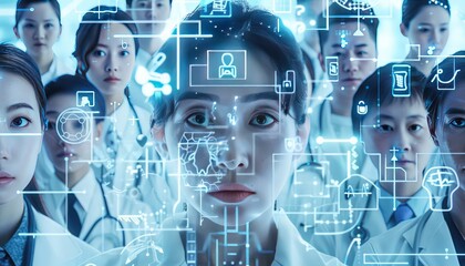 A medical professional surrounded by digital screens displaying various healthcare data, symbols, and images, showcasing technology in healthcare.