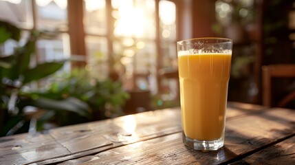   A glass of orange juice on a wooden table, beside a potted plant, by the window