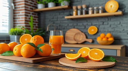   A wooden table holds a cutting board bearing oranges, nearby sits an orange juice glass