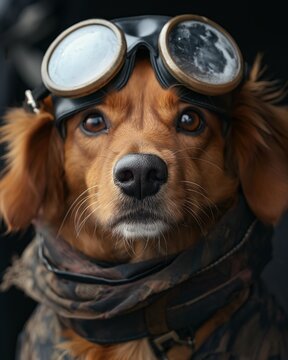 brown dog with glasses, aviator pilot goggles.	