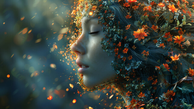 A beautiful girl with her hair covered in flowers, a magical atmosphere envelops everything around her, the wind blows small petals from different plants. Mother Nature faity tale concept