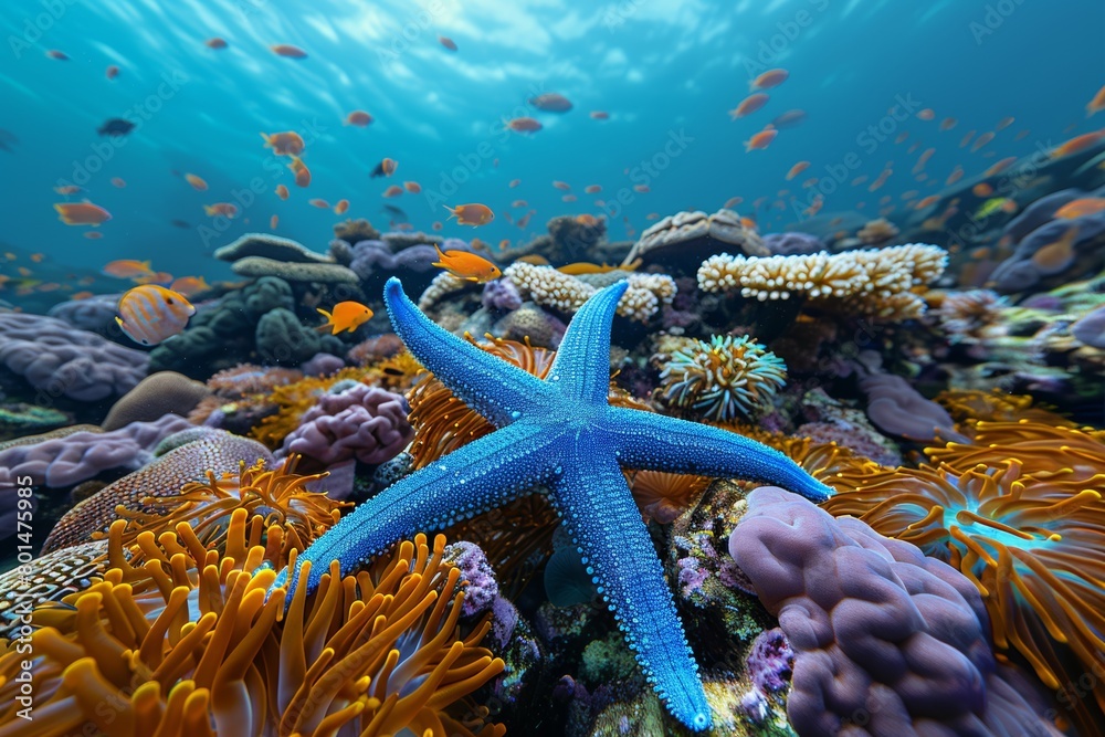 Wall mural Underwater image of a blue starfish against vibrant coral 