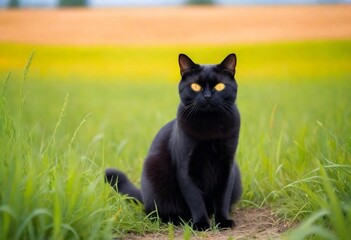 A black cat sitting on top of a lush green field, blur background view ,3d digital banner created with generative ai.