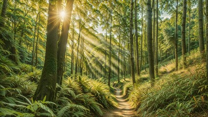 Beautiful green forest with sunlight in morning at Doi Inthanon National Park, Chiang Mai, Thailand