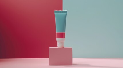   A tube of toothpaste atop pink-blue paper against a pink-blue backdrop