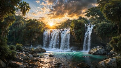 Tropical waterfall in the jungle at sunset. Panorama