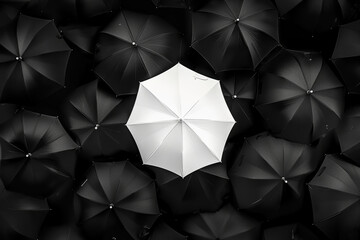 One white umbrella in the middle of black umbrellas, standing out from the crowd. In the style of concept. 