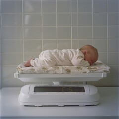A Chinese newborn baby lying on a digital balance scale.